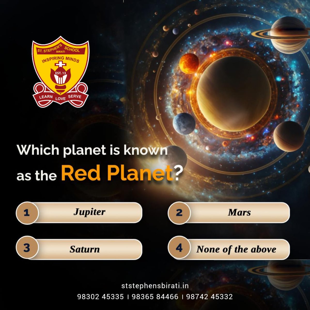 Test your knowledge! 📚 Share your answers in the comments below. 🌐 ststephensbirati.in #StStephensSchoolBirati #StStephensSchool #ICSESchool #digitalschool #schoolquiz #geography #geographyquiz #planet #redplanet