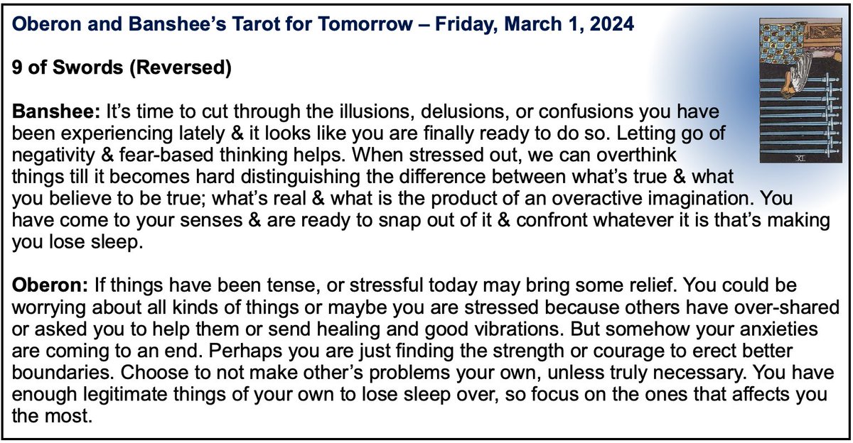 Hey everyone! March is here! And you know that it’s high time to march forward &amp; confront something head-on instead of lose sleep over it! Here’s the Tarot for Tomorrow, Friday, March 1, 2024. #tarot #dailytarot #TarotReading