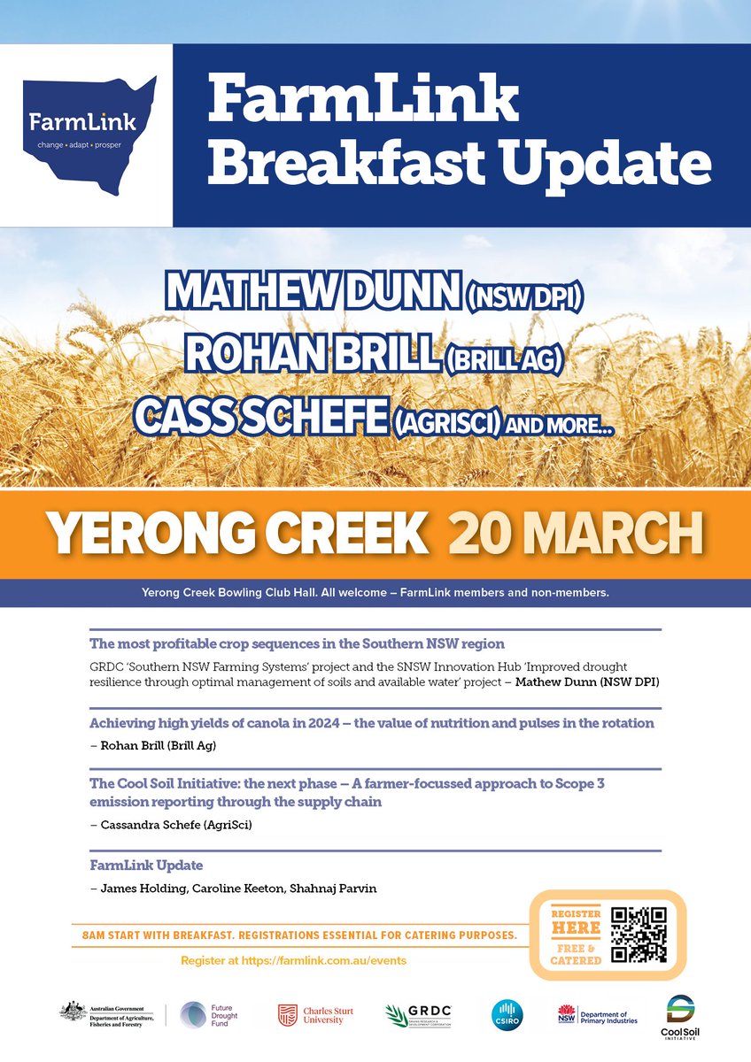 FarmLink Breakfast Updates are back with a great line-up of expert presenters: 
John Kirkegaard @CSIRO, Mathew Dunn @nswdpi, @WarwickBadgery NSW DPI, Rohan Brill @brill_ag and @CassandraSchefe AgriSci. See attached programs.

Temora 19 March, Yerong Creek 20 March.

Info and