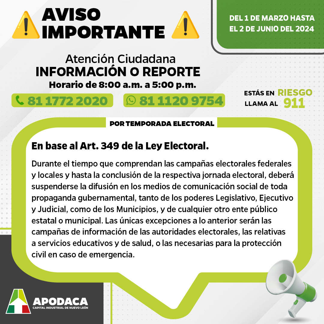 ⚠️ ATENCIÓN ⚠️ 🗳️Con motivo de las campañas y la veda del proceso de elecciones 2024: 📆A partir del 01 de Marzo hasta el 02 de Junio, se suspende toda propaganda gubernamental por cualquier medio de difusión. #Apodaca #VedaElectoral #Elecciones2024