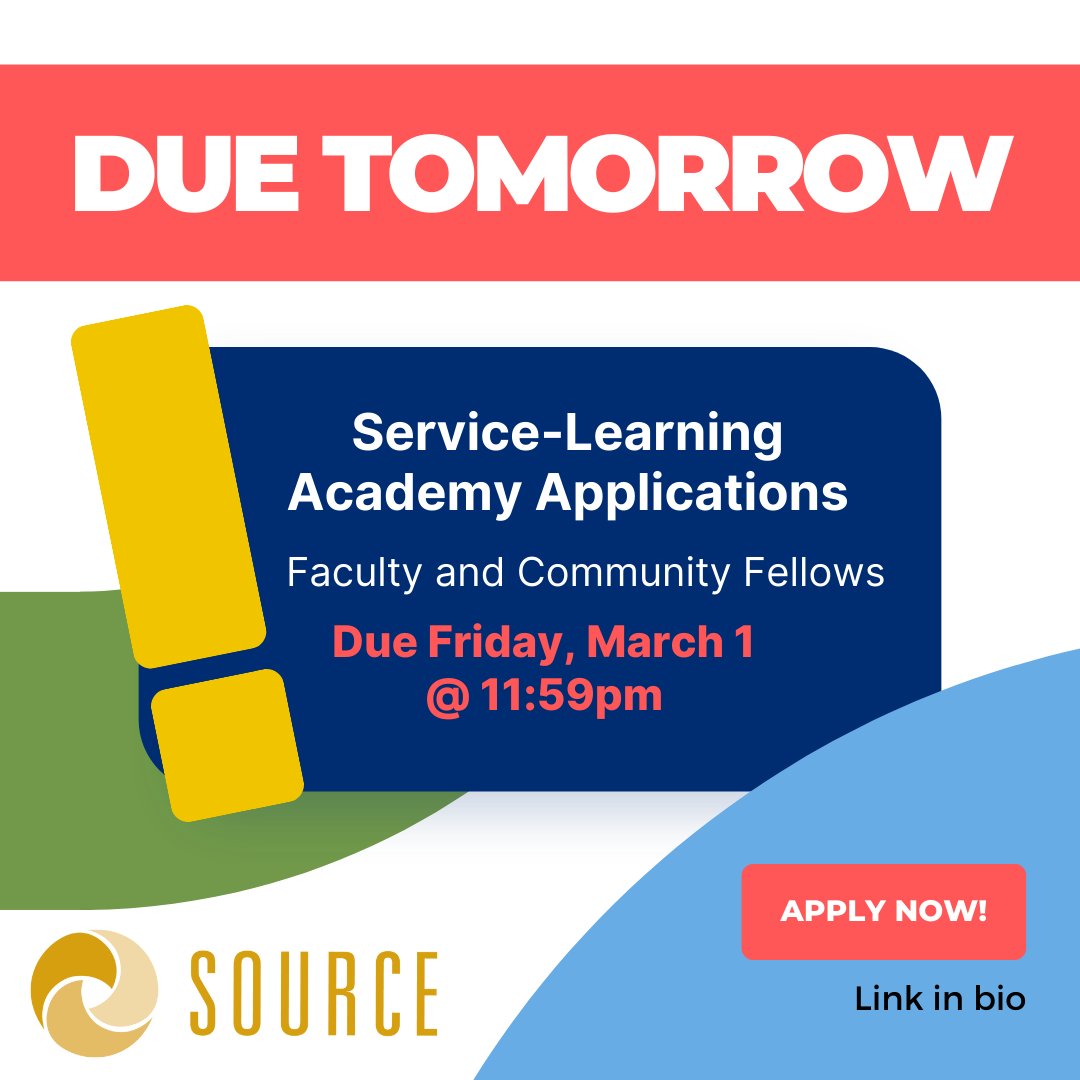 Applications for the SOURCE Service-Learning Academy are due tomorrow! The Academy is a one-year, comprehensive program that equips Fellows with all of the necessary tools and methods to develop critical service-learning partnerships and courses. Visit our link in bio to apply!