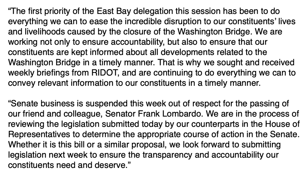 EP's @Val_Lawson, the No. 3 Senate Dem, says East Bay senators are 'submitting legislation next week to ensure the transparency and accountability our constituents need' on the Washington Bridge Not yet backing this new bill intro'd by @repkazarian & co.: wpri.com/target-12/new-…