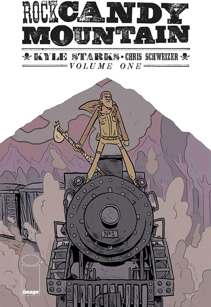 The art of @TheKyleStarks in Rock Candy Mountain vol. 1. wooed me. It's like Seth did O' Brother, Where At Thou? while imbibing gentlemen-of-the-road folktales. Weird, beautiful, violent. An unbeatable brawler/hobo and a naive stranger ride the rails seeking a mythical mountain.