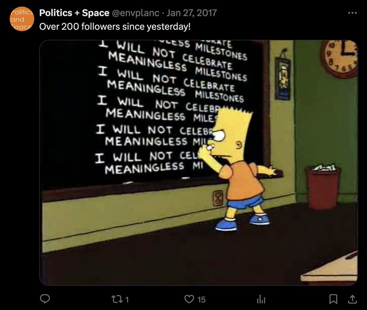 Politics + Space (@envplanc) on Twitter photo 5,000 followers!! I will celebrate meaningless milestones! (Congrats to <a href="/tinahonjo/">Tina Harris</a> for being number 5K. Your prize is a mention and a follow from me. More than you could ever have dreamed of, no doubt.) 5,000 followers!! I will celebrate meaningless milestones! (Congrats to <a href="/tinahonjo/">Tina Harris</a> for being number 5K. Your prize is a mention and a follow from me. More than you could ever have dreamed of, no doubt.)