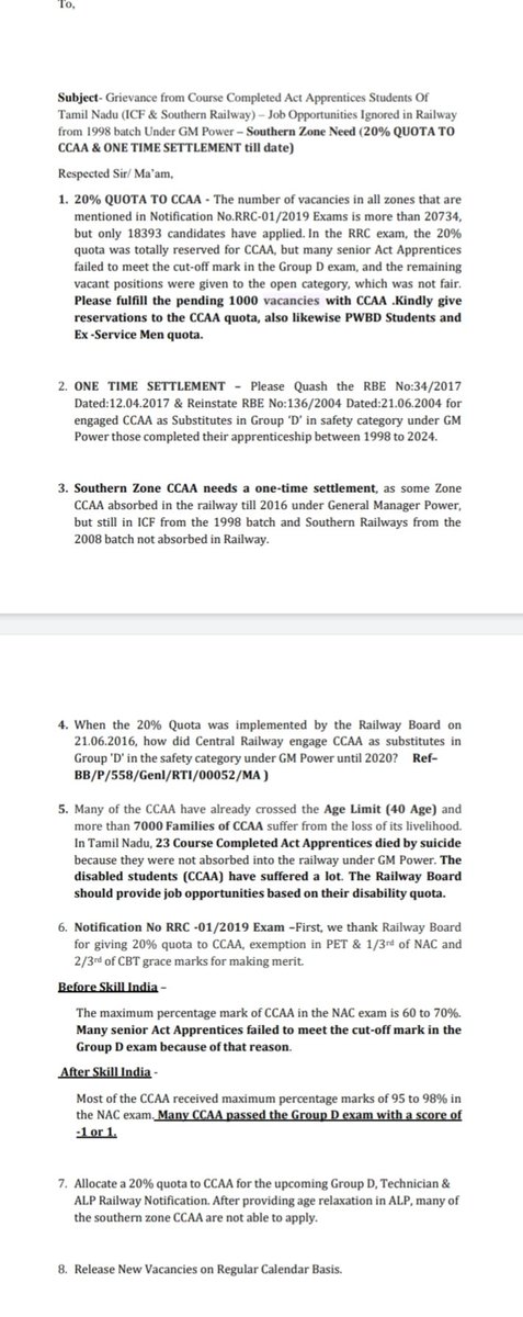 @RailMinIndia For the past 1 Year,we Southern Zone CCAA has done many protests for Justice. We meet the Railway Minister, Chairman Board,all Unions& Ministers. It would be appreciated if you could save CCAA Life &prevent it from becoming a national issue in the TAMIL NADU STATE.