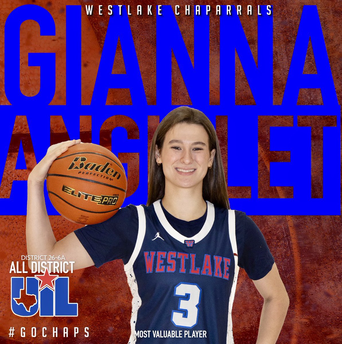 Gianna Angiolet is the District 26-6A Most Valuable Player. Angiolet averaged 18 points, 4 rebounds, 3 assists & 3 steals per game. Angiolet led the Chaps in scoring & scored over 1,500 career points. Gianna shot 45% from the field and made 40% of her 3-point shots. #GoChaps