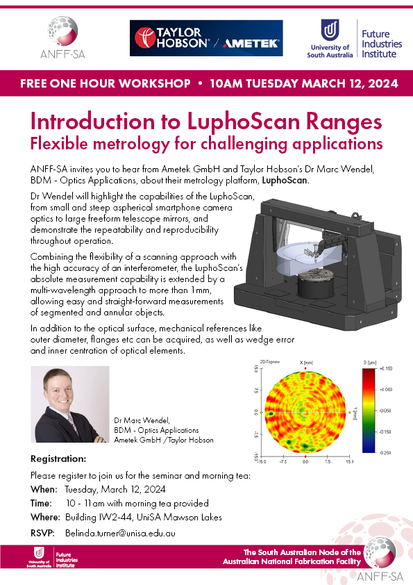 Join us for a free presentation featuring @TaylorHobson  Ltd.’s Dr Marc Wendel as he unveils the ground-breaking #LuphoScan metrology platform.
📅 Tues March 12, 2024
🕒 10 - 11am with morning tea 
📍 <a href="/UniversitySA/">UniSA</a> ML, Bldg IW2-44.
Reserve your seat: belinda.turner@unisa.edu.au