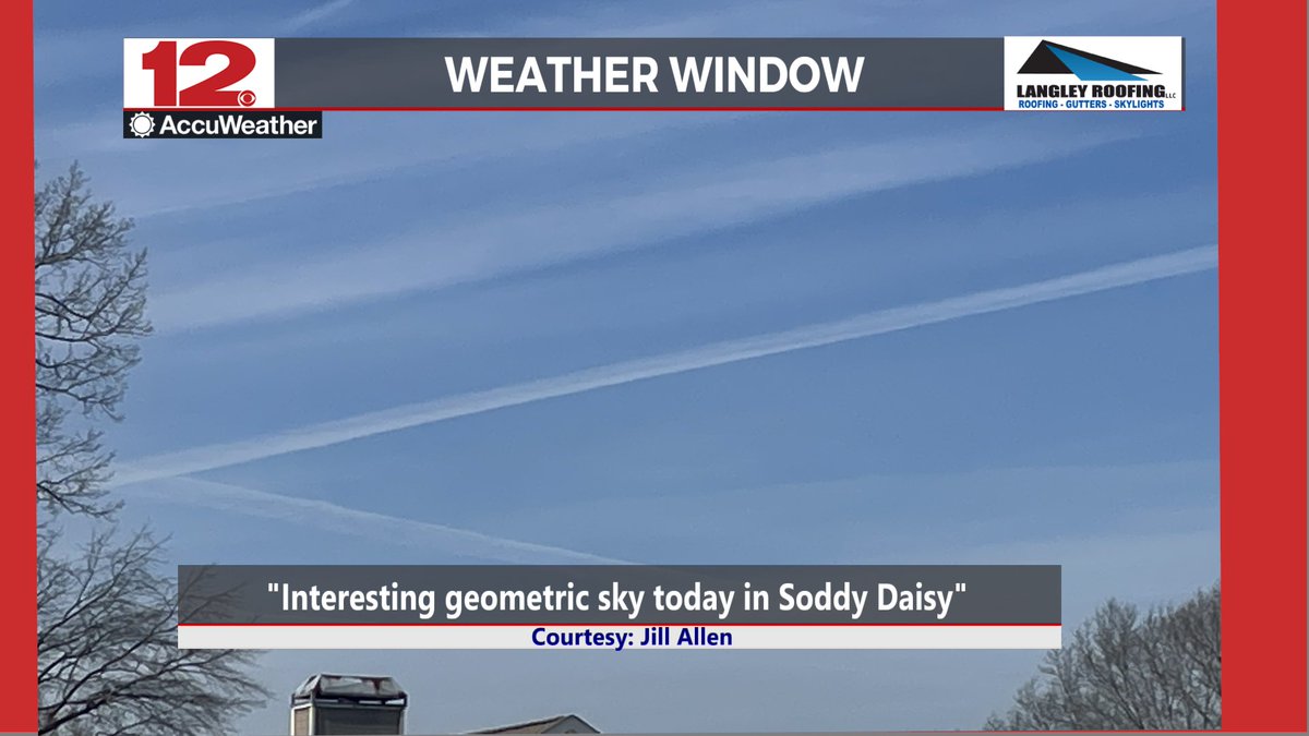 AustenOnek's tweet image. Thanks to @WDEFNews12  viewer Jill Allen for a geometric view of #cirrusclouds and #jetcontrails over #SoddyDaisyTN, our Thursday #LangleyRoofing #WeatherWindow #PictureOfTheDay.

Got #weatherpix to share? Email them to Pictures@WDEF.com
