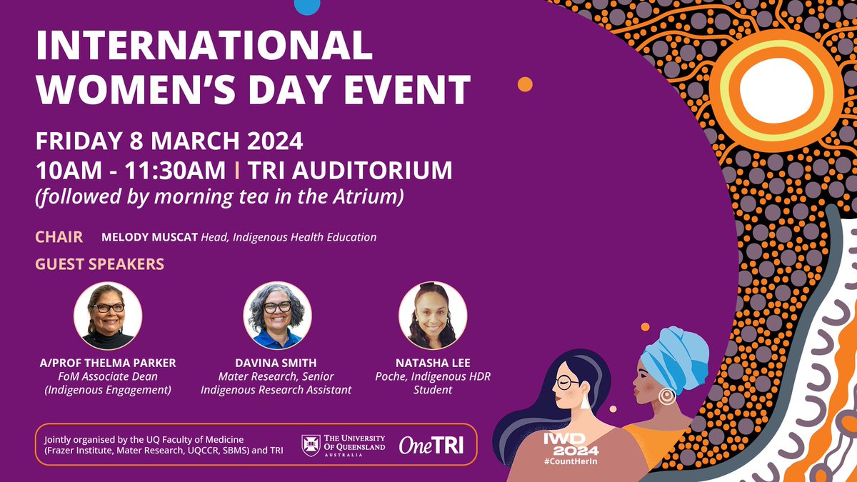 UQPoche's tweet photo. Join @UQMedicine and @TRI_info in celebrating and inspiring women at their International Women's Day Event, next Friday, March 8. Guest speakers include  @UQPoche Indigenous HDR Student, Natasha Lee. 

Register now: https://t.co/SCE88uX63d https://t.co/VpQcQjmWZ7
