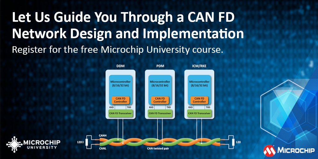 MicrochipTech's tweet image. Learn how to design and implement a CAN FD network. In this FREE course you will learn about network design, HW and FW implementation, putting the network into operation and debugging. Register: mchp.us/3w8DEFl. #CANFD #DatabaseDevelopment