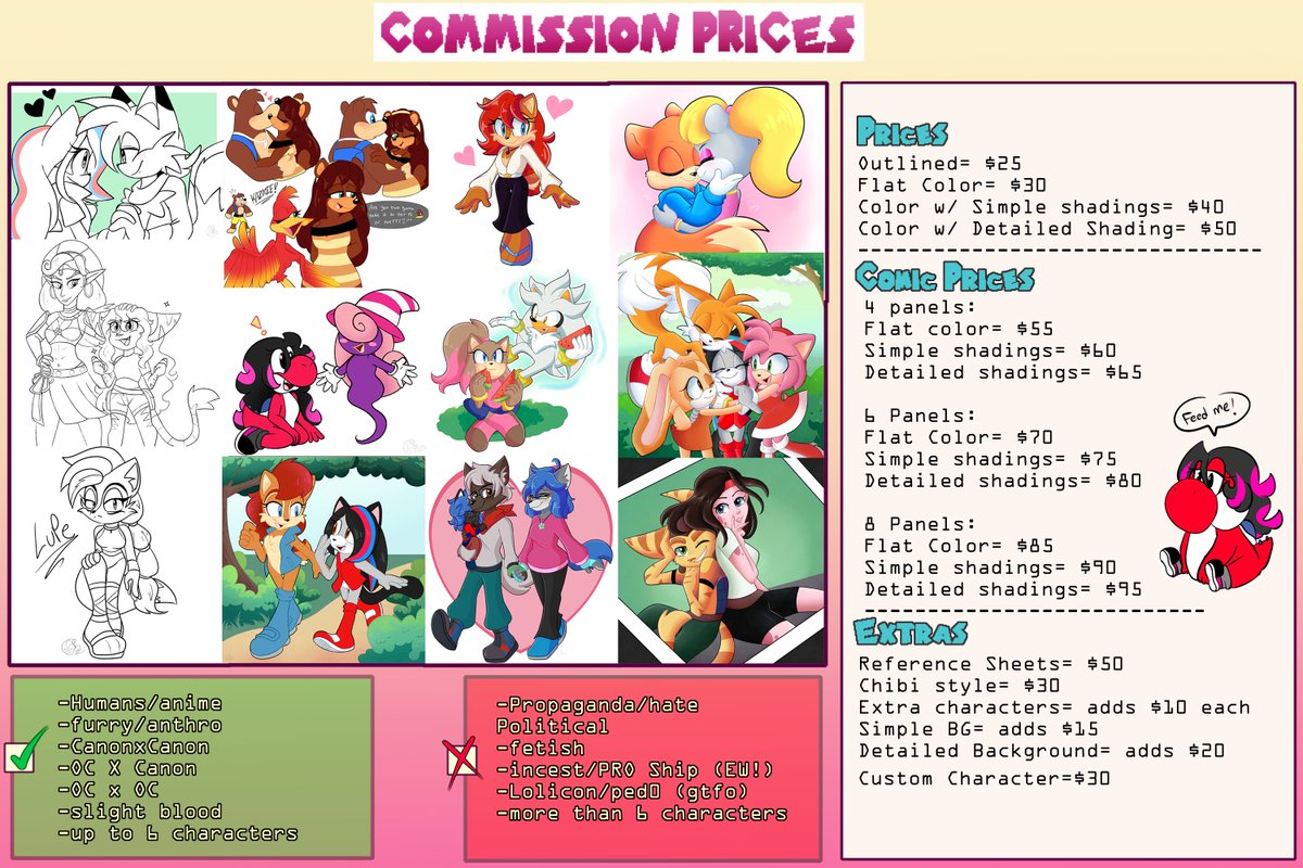 TheArtYoshi's tweet image. Comm sheet 2024 UPDATE!!! reorganized/raised prices a bit✨🥺
please read TOS before asking for a comm thank you!
if you have questions or want to c0mm me, Please DM me 💖
#myart #digitalart #anime #emoteartist #artistsontwitter #furry #SonicTheHedgehog #commissionsopen