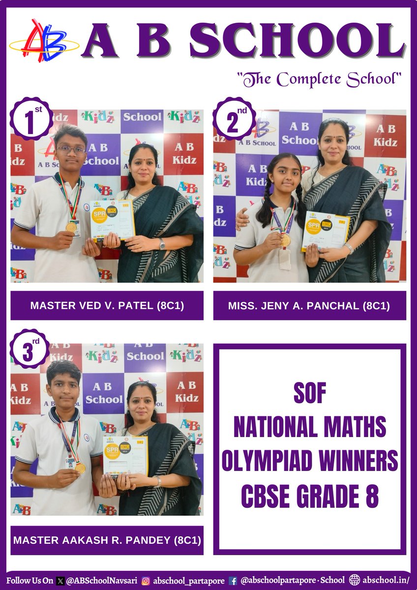 ABSchoolNavsari's tweet image. #SOFOlympiad #MathsChampions #CBSEWinners #NationalMathsExcellence #CBSEMathsStars #OlympiadSuccess #SOFWinners