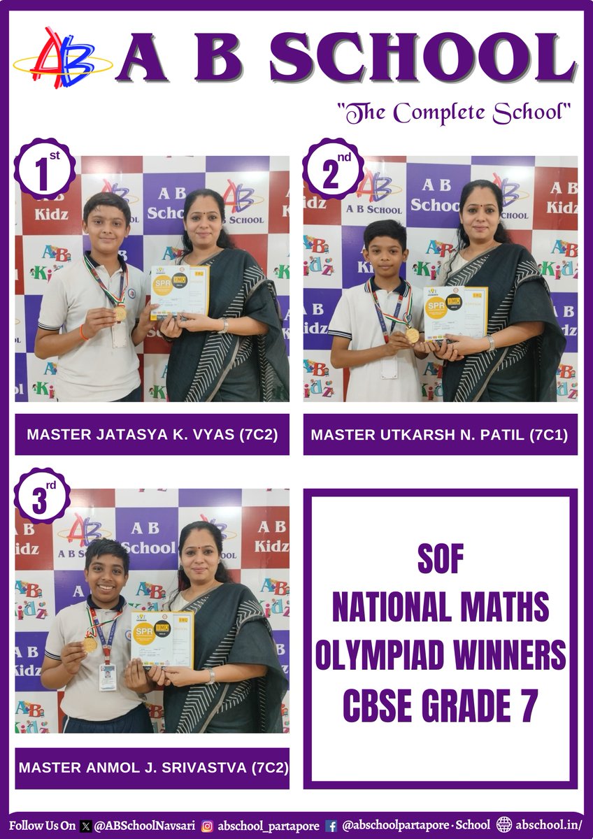 ABSchoolNavsari's tweet image. #SOFOlympiad #MathsChampions #CBSEWinners #NationalMathsExcellence #CBSEMathsStars #OlympiadSuccess #SOFWinners