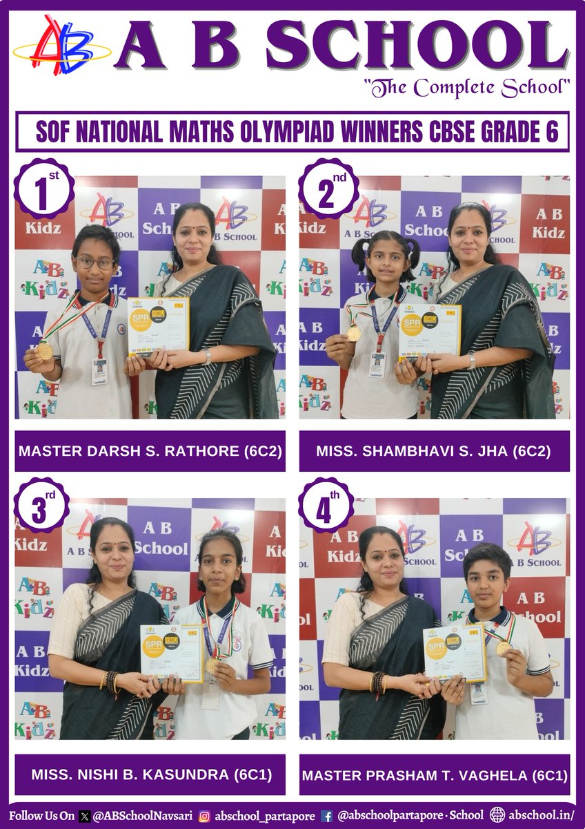 ABSchoolNavsari's tweet image. #SOFOlympiad #MathsChampions #CBSEWinners #NationalMathsExcellence #CBSEMathsStars #OlympiadSuccess #SOFWinners