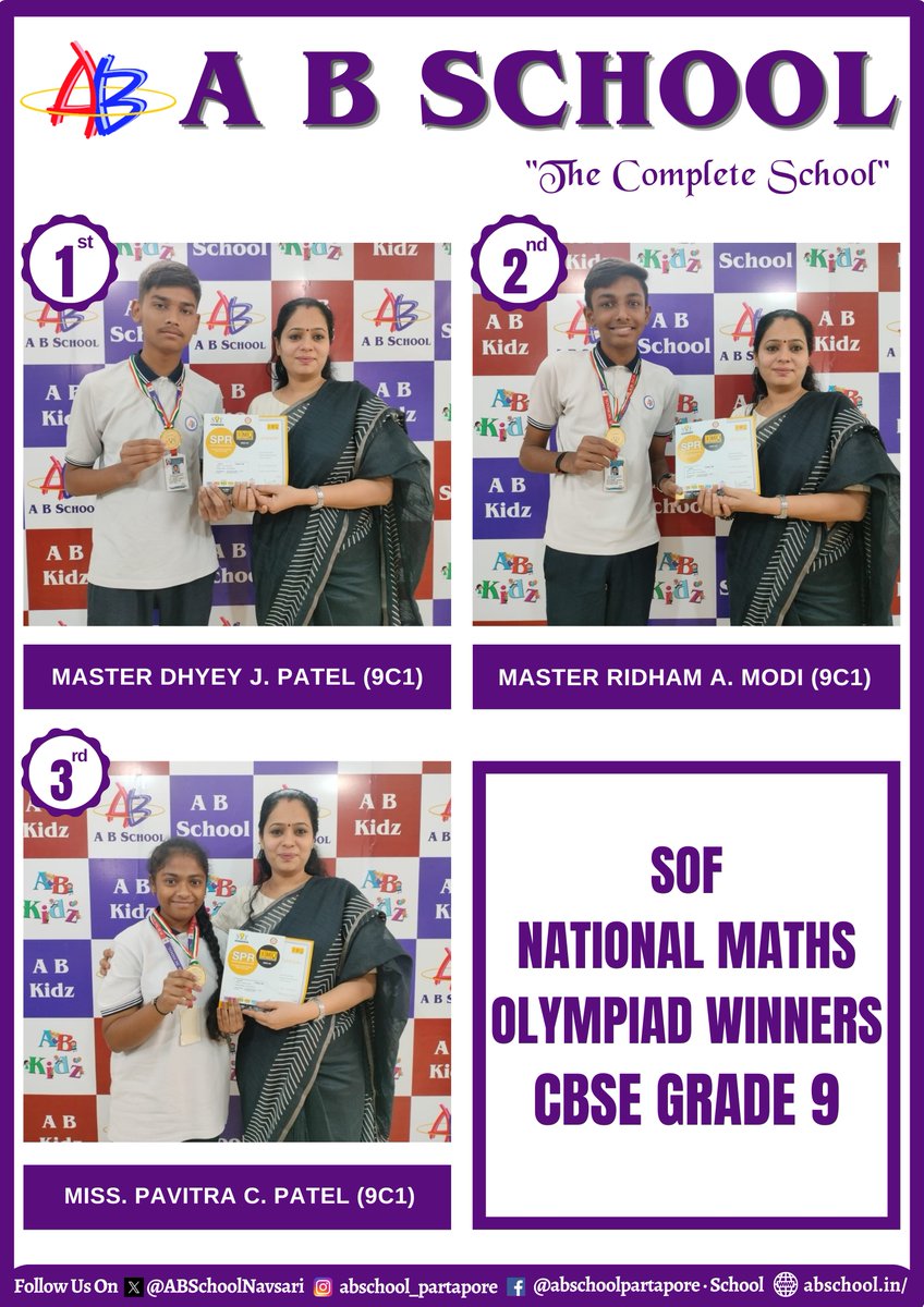 ABSchoolNavsari's tweet image. #SOFOlympiad #MathsChampions #CBSEWinners #NationalMathsExcellence #CBSEMathsStars #OlympiadSuccess #SOFWinners