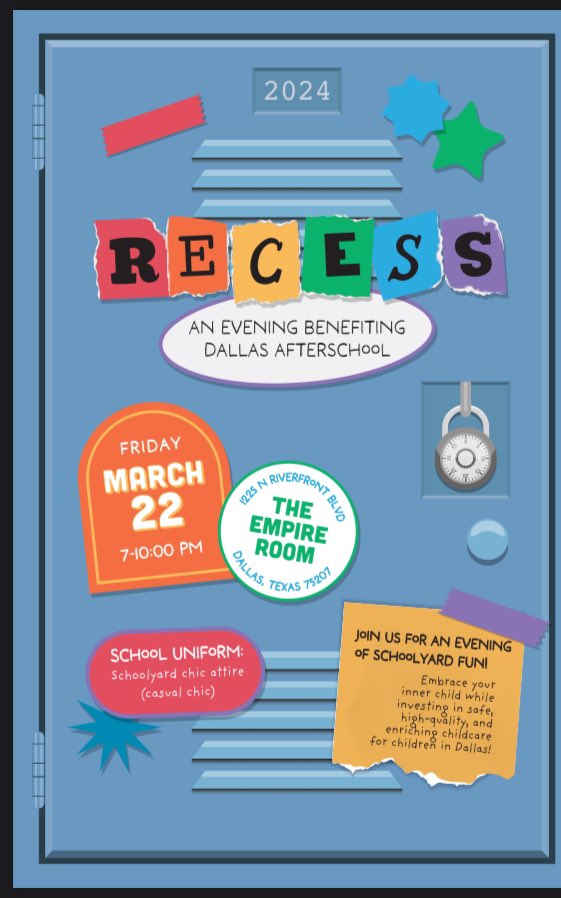 This is soooo much fun!!! Please register to have fun playing your favorite childhood games as an adult with a twist! 

Friday, March 22, 2024
7PM to 10PM
The Empire Room | Dallas

Visit dallasafterschool.org/recess/ for the time of your life!