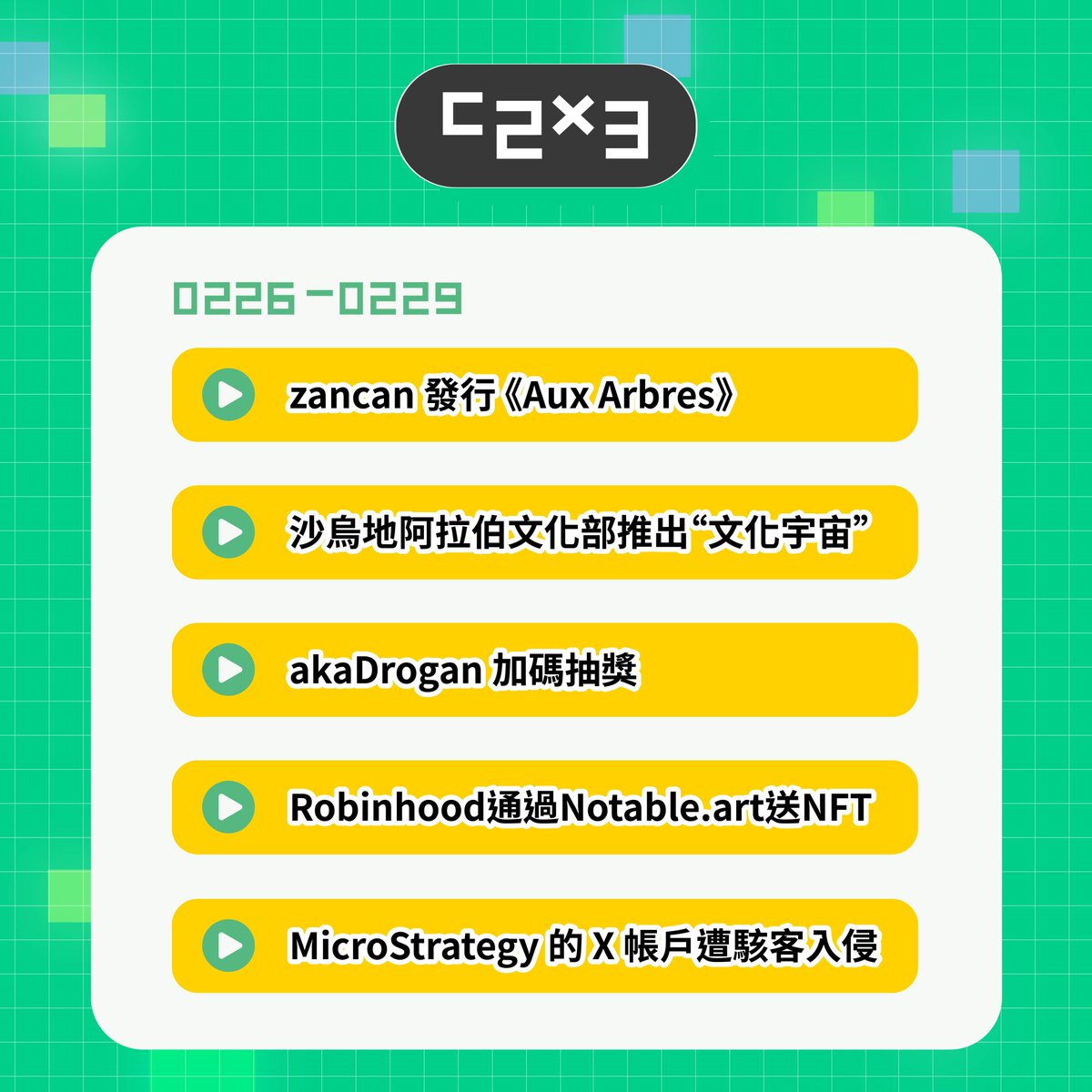 #快報 03/01 【2/26 - 2/29新聞回顧】

這周放了一天假，好快又迎來周末了真開心~
這邊也再次提醒大家，為了讓大家更及時的掌握一周大事，c2x3從這個月開始會在每周五分享當周的新聞快報喔！
那麼今天也請服用這幾天Web3世界不容錯過的各種新聞，祝大家周末愉快！