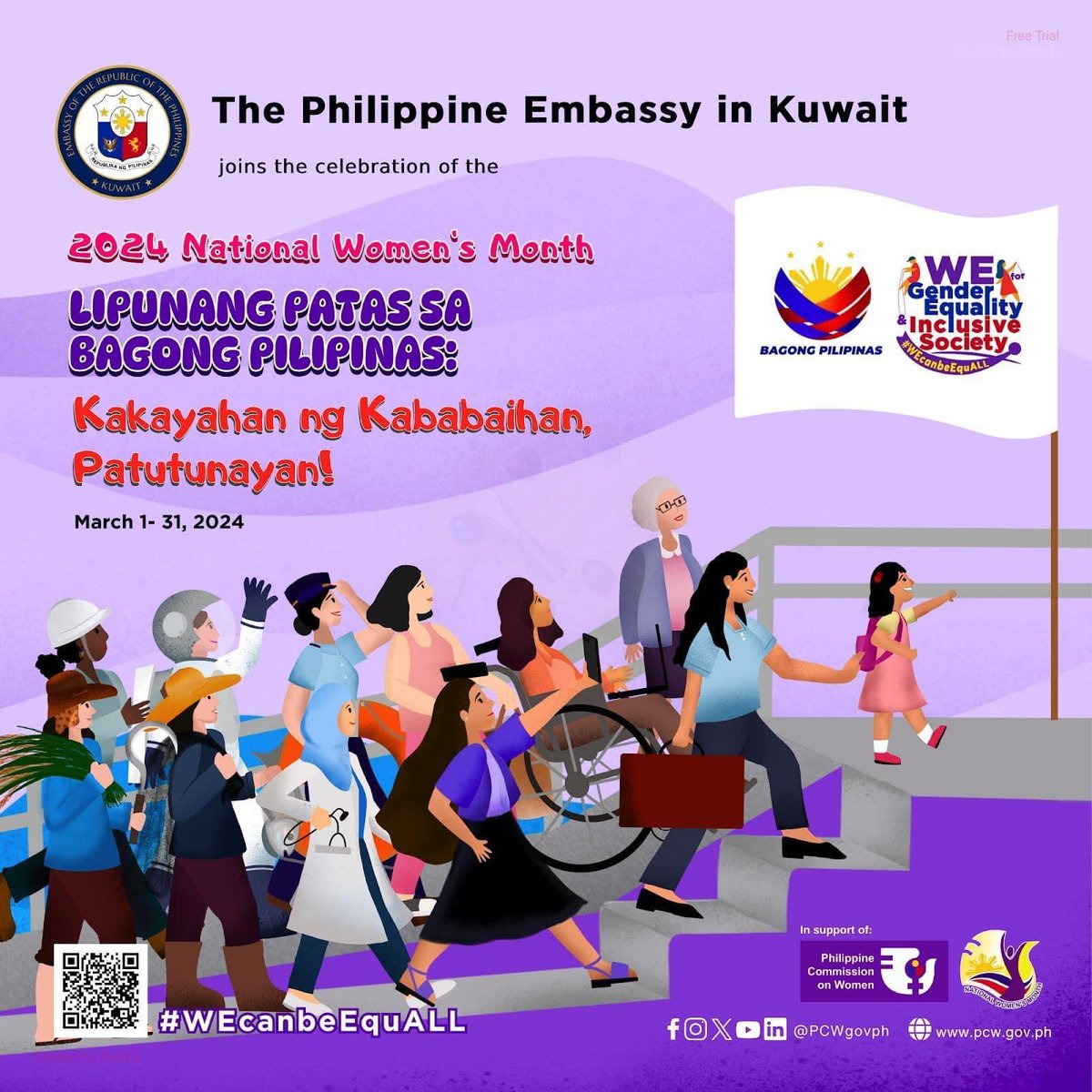 PHinKuwait's tweet image. The Philippine Embassy in Kuwait joins the Philippine Commission on Women and the Filipino nation in celebrating the 2024 National Women’s Month.

#PhinKuwait
#NWMC2024
#WEcanbeEquALL
#BagongPilipinas
#DFAForgingAhead