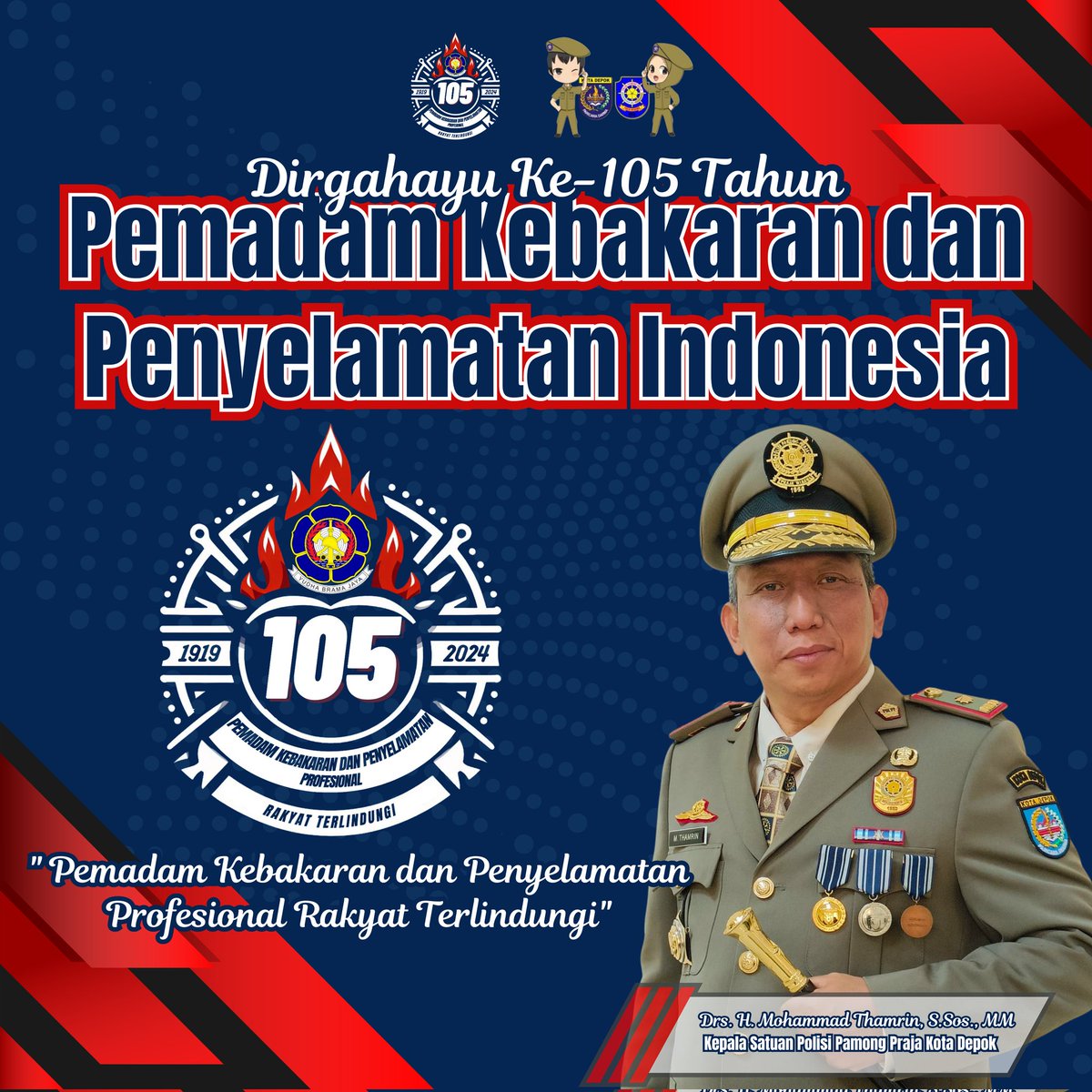 Dirgahayu Ke-105 Tahun Pemadam Kebakaran dan Penyelamatan Indonesia

"Pemadam Kebakaran dan Penyelamatan Profesional Rakyat Terlindungi"