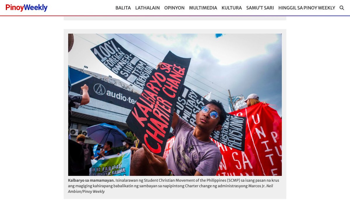 SCMPhilippines's tweet photo. SCMP IN THE NEWS:
Kalbaryo sa mamamayan. Isinalarawan ng Student Christian Movement of the Philippines sa isang pasan na krus ang magiging kahirapang babalikatin ng sambayan sa napipintong Charter change ng administrasyong Marcos Jr
https://t.co/n6tebcmZou
#EDSA38
#NoTOChaCha https://t.co/fQLEeqiFUm