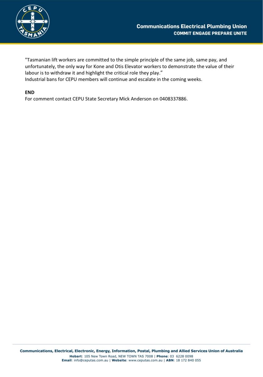 Otis and KONE elevator workers have joined in the wave of Tassie workers seeking parity with mainland workers for doing the same job, having commenced banning attending after-hours calls and starting work bans with half a day off this Friday.