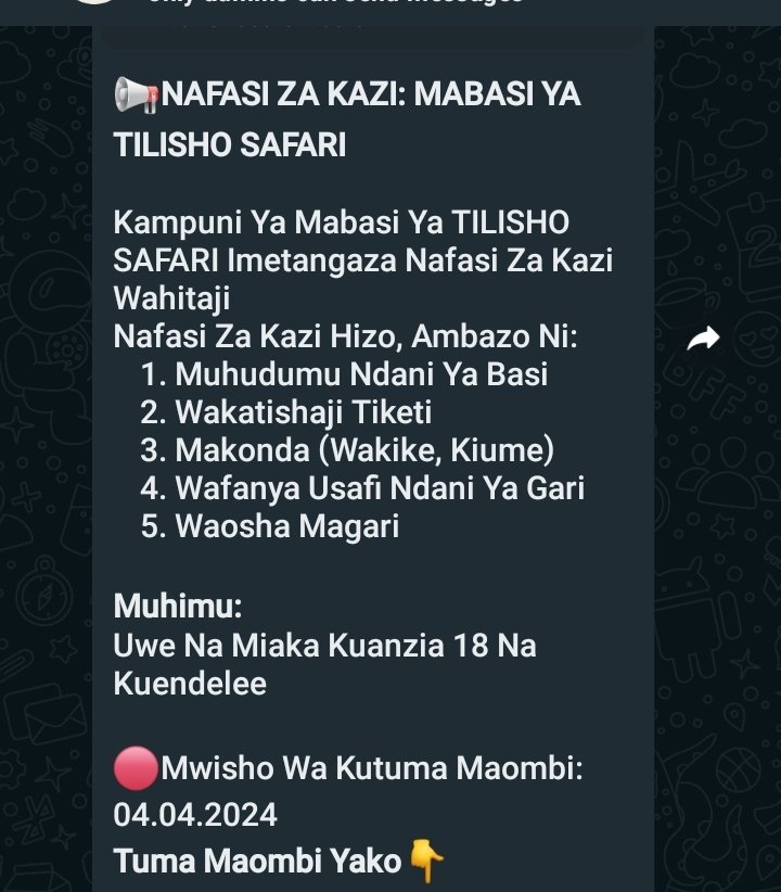 fursacvwriter's tweet photo. #MPYA 📢
HIZI HAPA NAFASI ZA KAZI ZILIZOTANGAZWA NA KAMPUNI YA MABASI YA TILISHO SAFARI 

✔️Jiunge telegram group letu kupata taarifa, dondoo na maelekezo zaidi ya kazi na fursa mbalimbali :👇 
 https://t.co/ovGrrm02dR
#hiring #HIRINGNOW #Tanzania https://t.co/YGuZcrmNKh