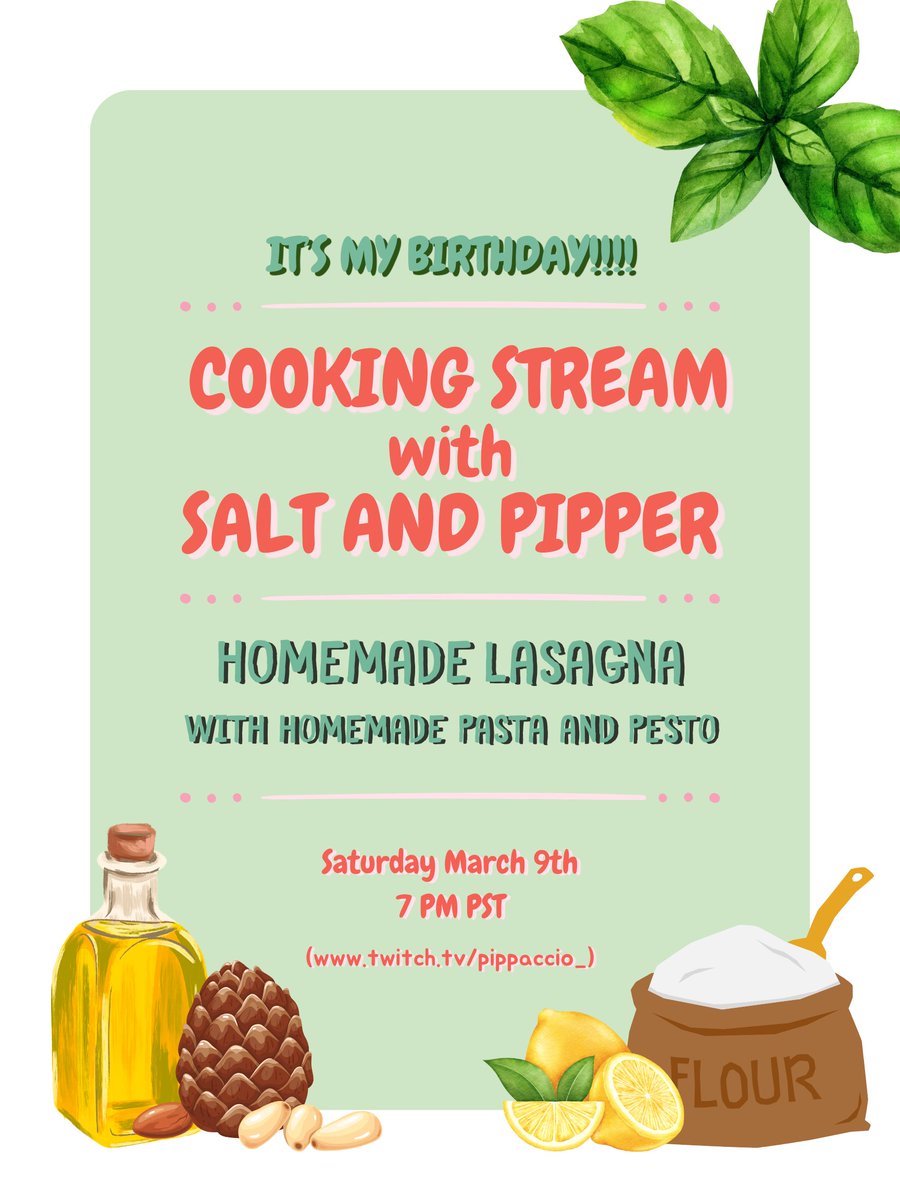 YOU ARE INVITED! 
Since I am growing older, on March 9th, we are celebrating it with a cooking stream! <3333 
I have done 2 Thai cooking streams, but this time we will explore my Italian side of cooking...
twitch.tv/pippaccio_
#stream #streamer #cookingstream
