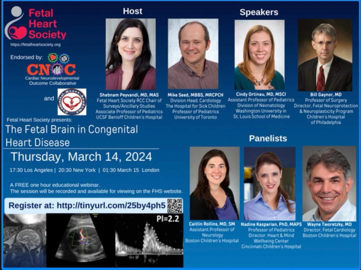 Don’t miss out!! Please join the Fetal Heart Society for our next free, educational webinar, 'The Fetal Brain in Congenital Heart Disease” on Thursday, March 14, 2024, at 8:30 pm ET Hosted by @ShabPeyvandi Register now! us06web.zoom.us/webinar/regist… @CardiacNeuro @MishellaPerez