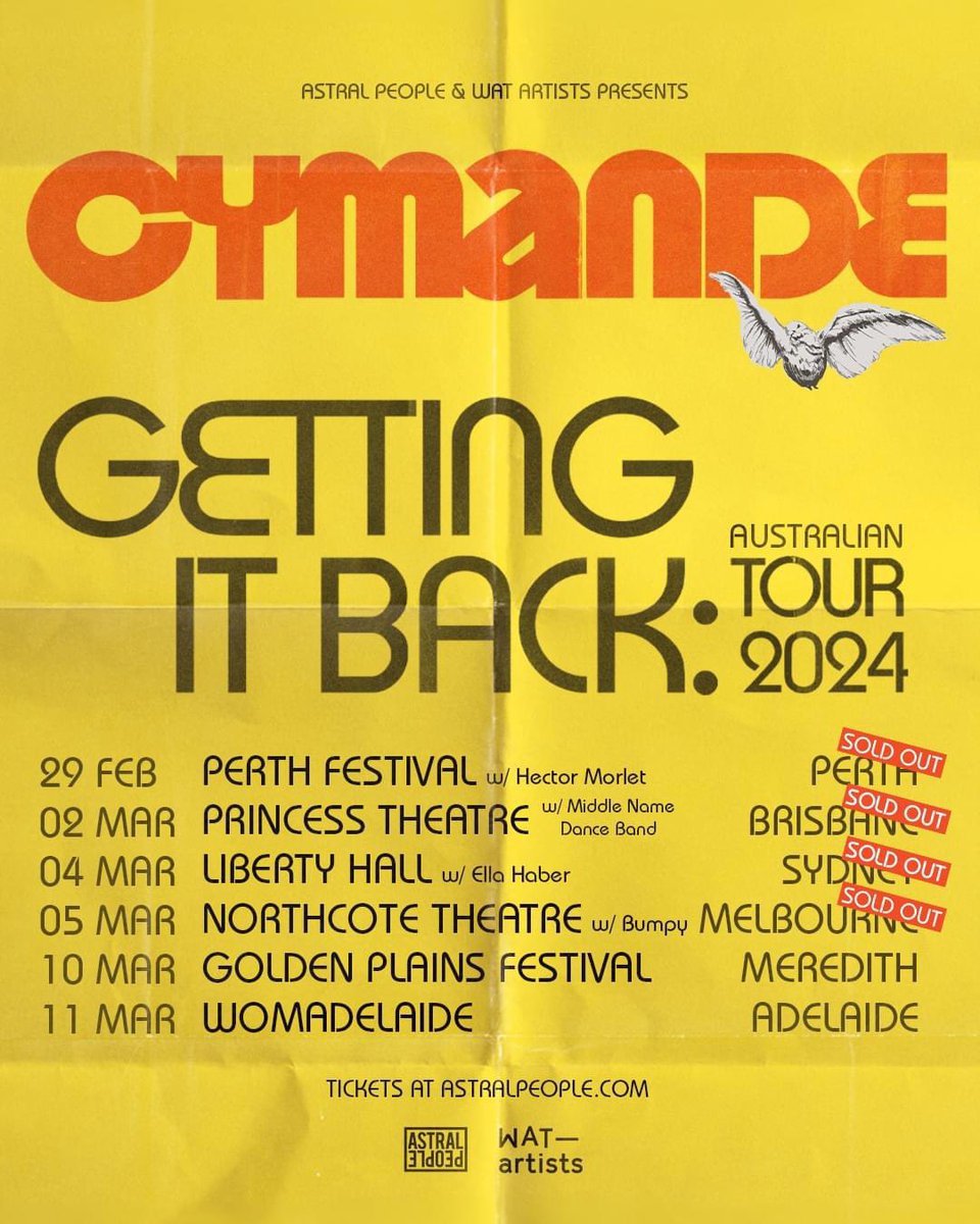 All of our headline shows on this Australian tour have now Sold Out! Thank you all for this wonderful reception! Limited tickets remain for our performances at the Golden Plains Festival and @WOMADelaide #GettingItBack #Cymande @Astral_People