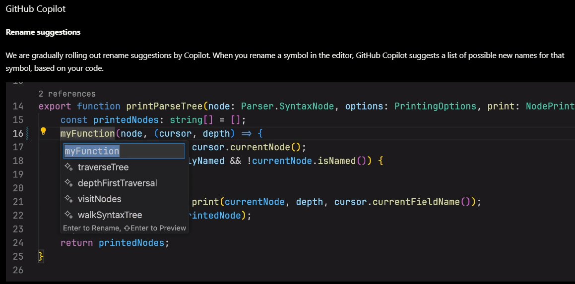 Y'know how naming things is one of the hardest things in computer science? 

VS Code just released a feature to let Github Copilot rename your methods/functions/procedures. What a killer feature.