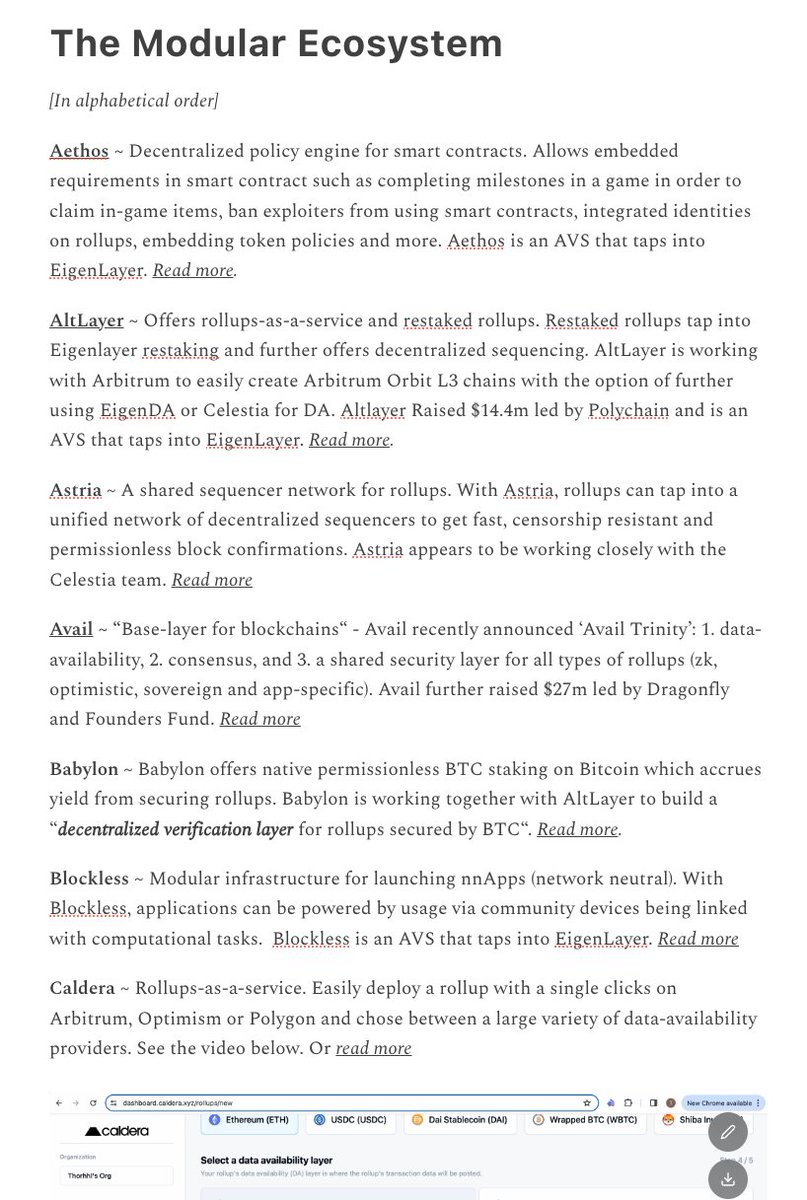 I decided to finally get an overview of the modular landscape.

Turns out there are quite a lot of protocols:

&gt; <a href="/Ternoa_/">ternoa.</a>
&gt; <a href="/alt_layer/">AltLayer</a> 
&gt; <a href="/taikoxyz/">Taiko.eth 🥁</a>
&gt; <a href="/eigen_da/">EigenDA</a>
&gt; <a href="/ritualnet/">Ritual</a>
&gt; <a href="/RiscZero/">RISC Zero</a> 
&gt; <a href="/fluentxyz/">Fluent</a> 
&gt; <a href="/initiaFDN/">Initia Foundation 🪢</a>
&gt; <a href="/AstriaOrg/">Astria</a> 
&gt; <a href="/OmniFDN/">Omni Network</a>
&gt; <a href="/eigenlayer/">EigenCloud</a>
&gt; <a href="/lavanetxyz/">Lava Network 🌋</a>
&gt; <a href="/conduitxyz/">Conduit</a>