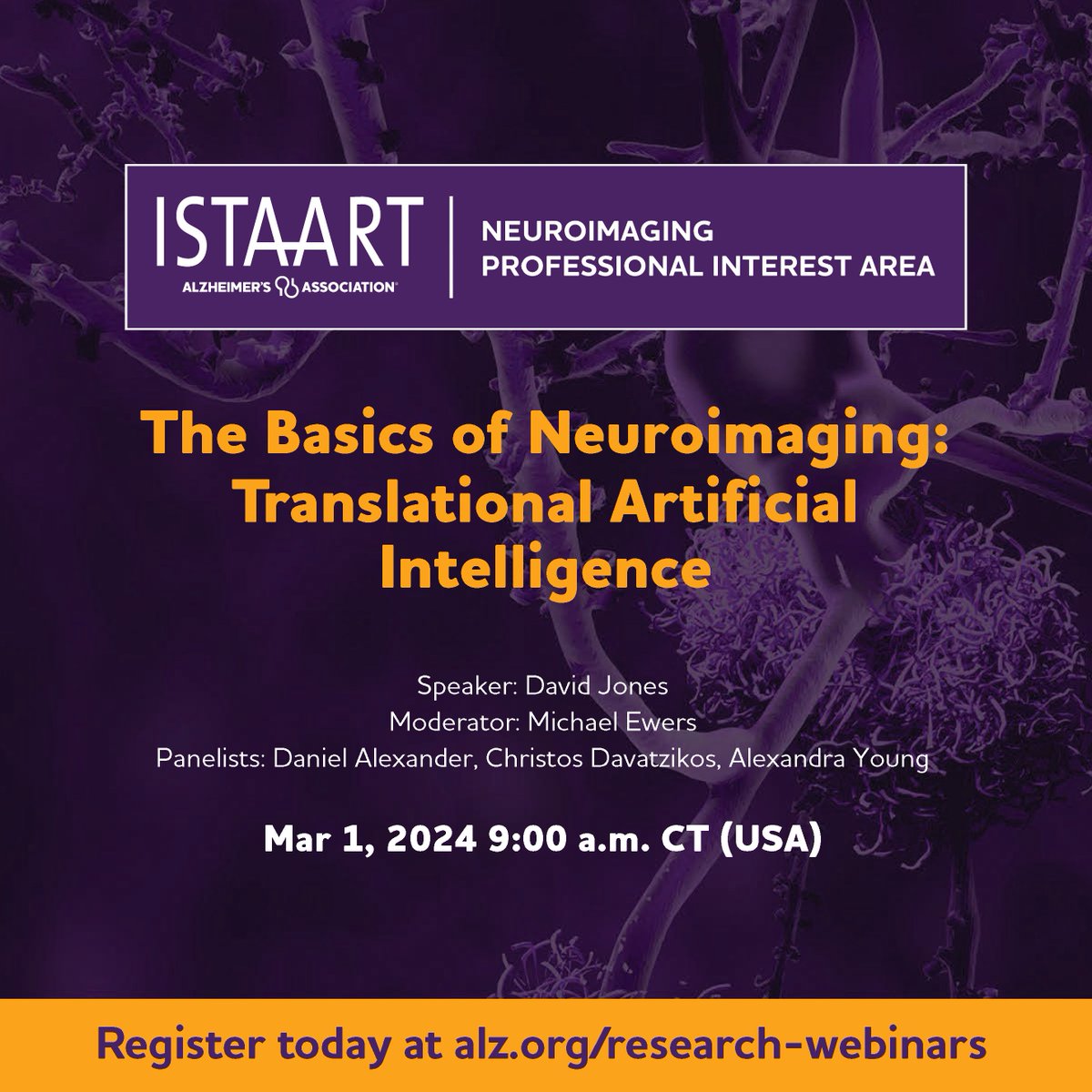 Happening today at 10 Eastern/3UK/4CET! The sixth @NeuroimagingPIA installment of 'The Basics'-this time looking at the pivotal role AI plays in modern neuroimaging. Registration link: alz-org.zoom.us/webinar/regist…