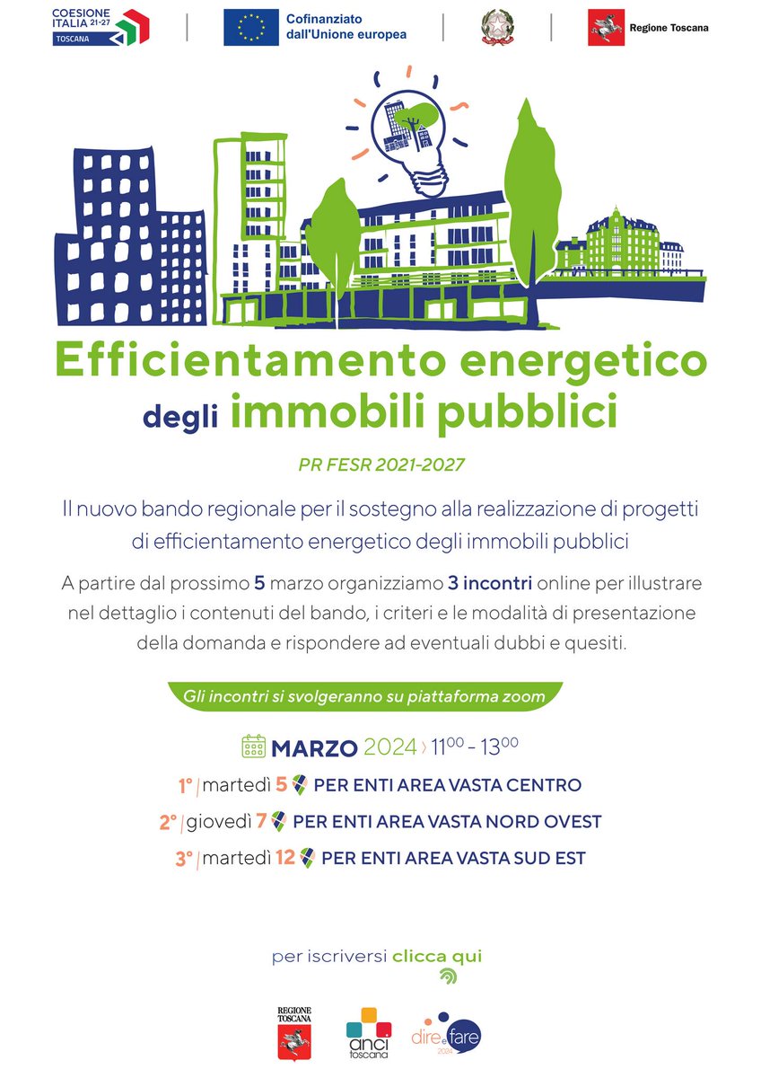 AnciToscana's tweet photo. Si terranno tre incontri online organizzati da Anci toscana e @regionetoscana per illustrare il nuovo bando regionale per il #sostegno alla realizzazione di progetti di #efficientamento #energetico degli immobili pubblici

➡ Per iscrizioni
https://t.co/2SG6IrTXzt https://t.co/uiJtLjZpM3