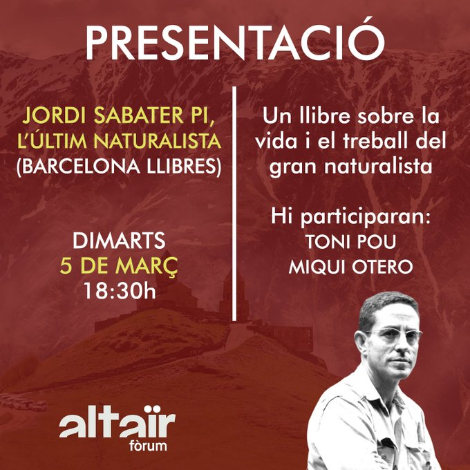 Això serà demà i en tenim moltes ganes! Presentarem el llibre 'Jordi Sabater Pi, l'últim naturalista' (@bcn_llibres) amb el seu autor, @toni_pou, i l'escriptor @MiquiOtero. No us ho perdeu🥰 📚 altair.es/cat/noticias/p…