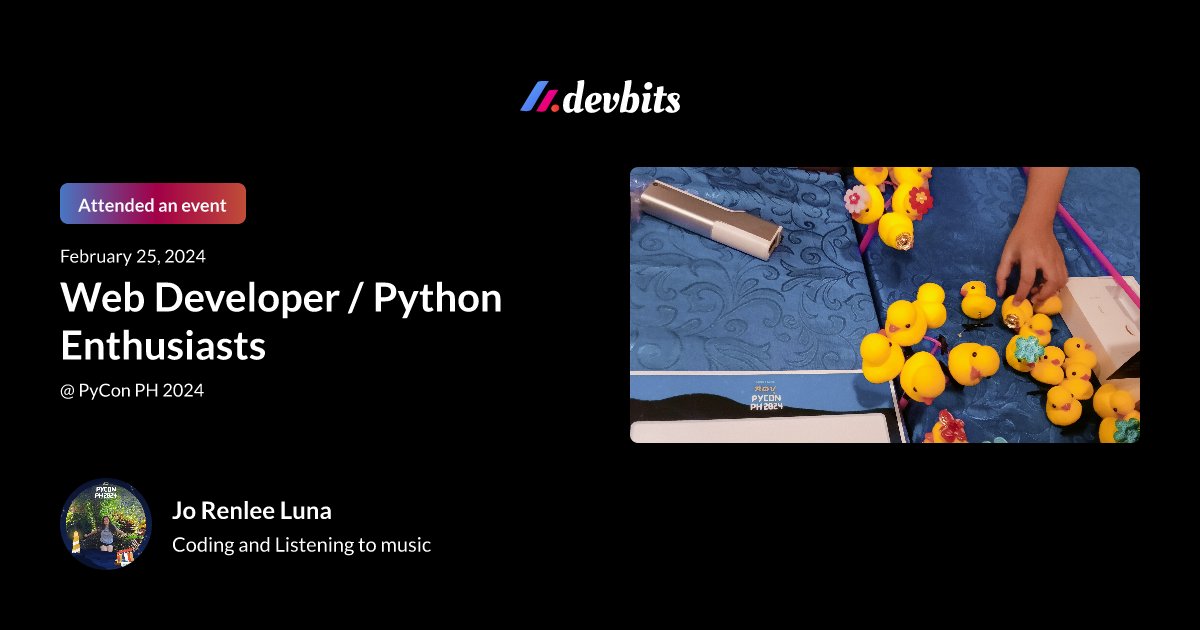 devbitsph's tweet image. Jo Renlee&apos;s Highlight 📷 from PyCon Philippines 2024
devbits.ph/jorenlee24/hig…

What&apos;s your PyConPH highlight? Share it at @devbitsph!  😉
#DevbitsPH #FilipinoDev #DevHighlights
#pyconph2024 #gabay #pyconph #pythonph
