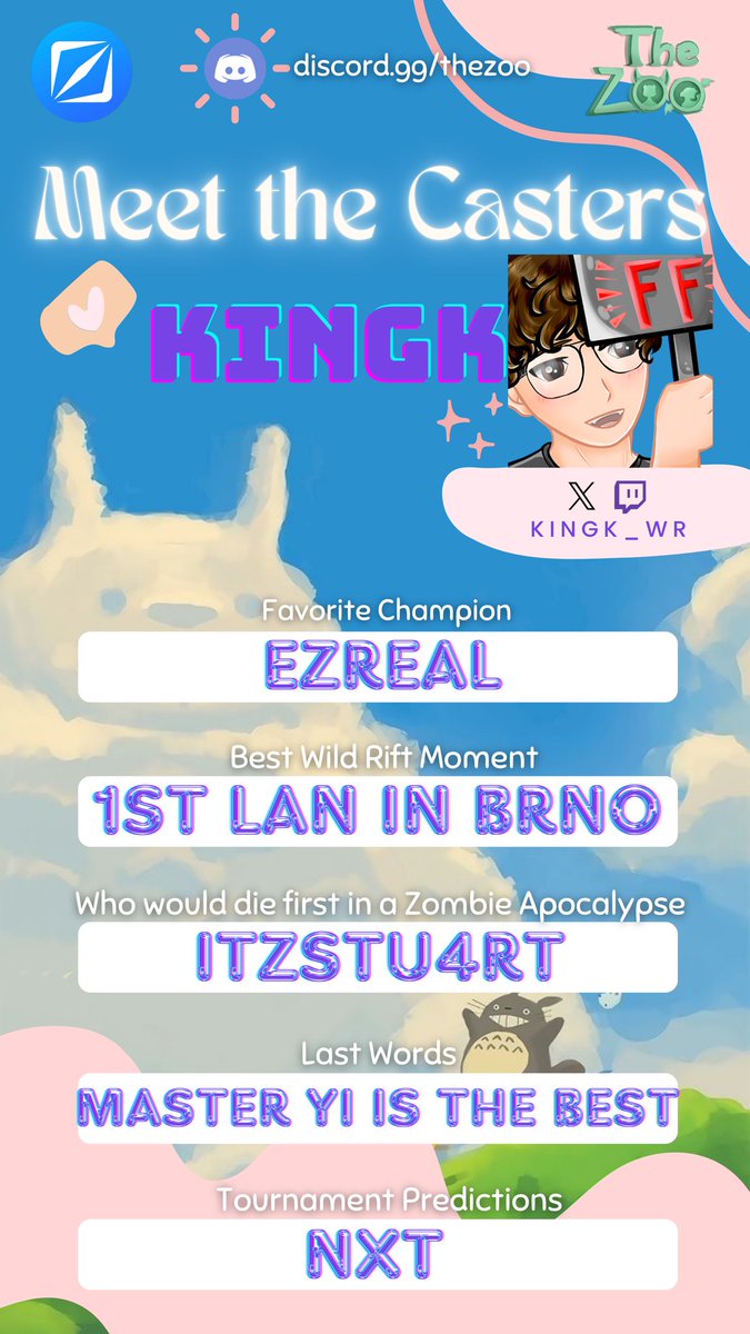 Next #WildQuestTournament Caster is <a href="/KingK_WR/">KingK</a>!!! He’s been a main stay in the #WildRift competitive scene! His Team won the First <a href="/RiftGuidesGG/">RiftGuides</a> Tournament and he also got the MVP!🥇
See you all later tonight as the first game starts at 21:00 CET!🔥 discord.gg/thezoo