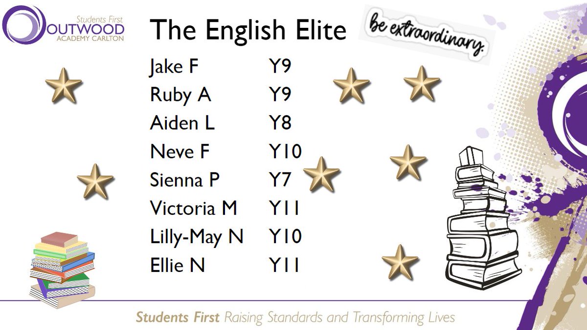 OACarlton's tweet photo. You are the English Elite. Your English teachers have recognised all your hard work and effort. Keep up the great work. @OCarlton #topofthepyramid 💜😀 https://t.co/i32L3XRfto