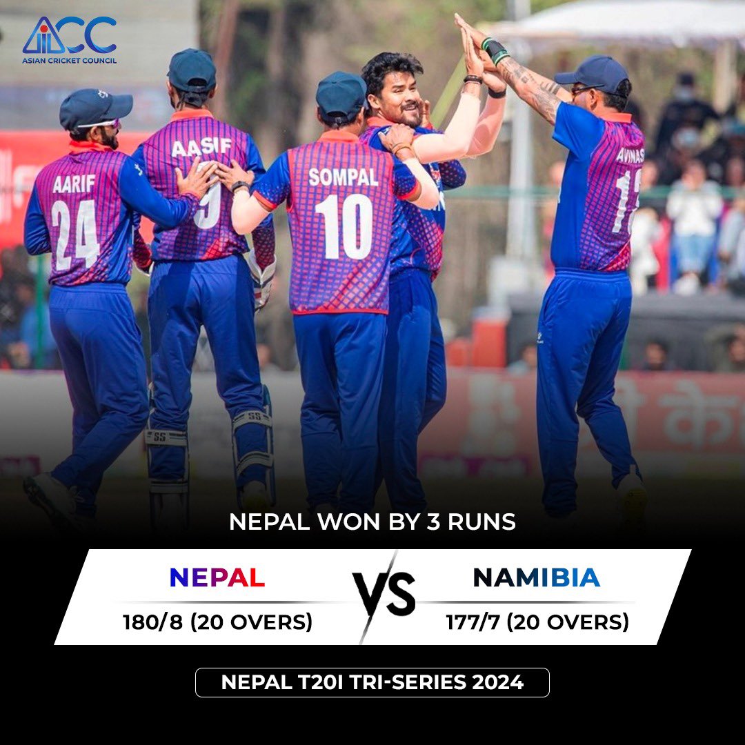 Some quality death bowling has given Nepal their first win in the T20I Tri Series! 

#NEPvNAM #ACC