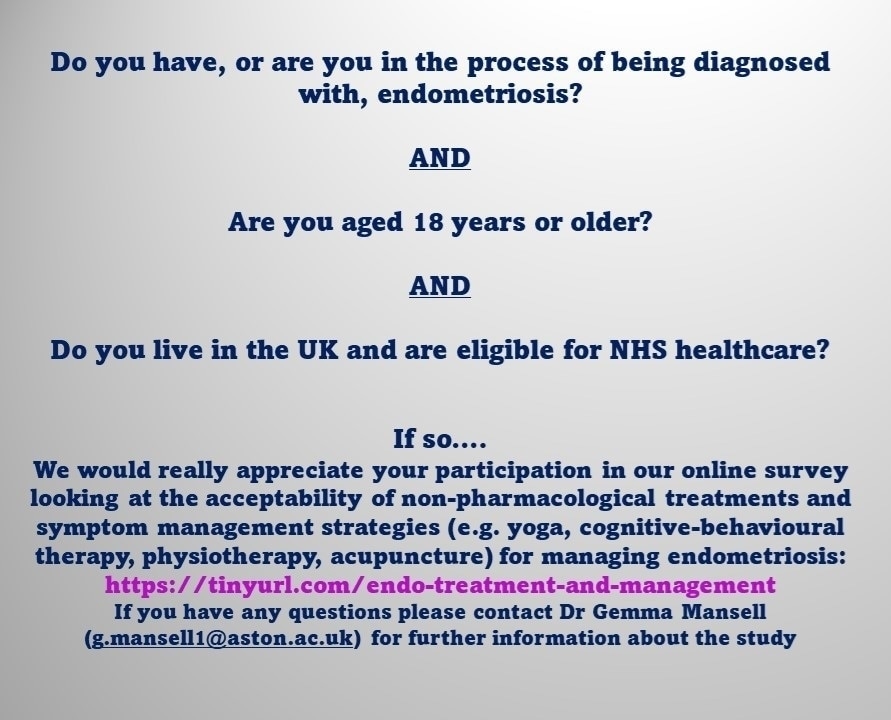 Another plug for my #endometriosis study that I'm running as part of my #QHP #stage2 health psych qualification- please share! tinyurl.com/endo-treatment… @EndometriosisUK @MidsHealthPsych @trainee_network