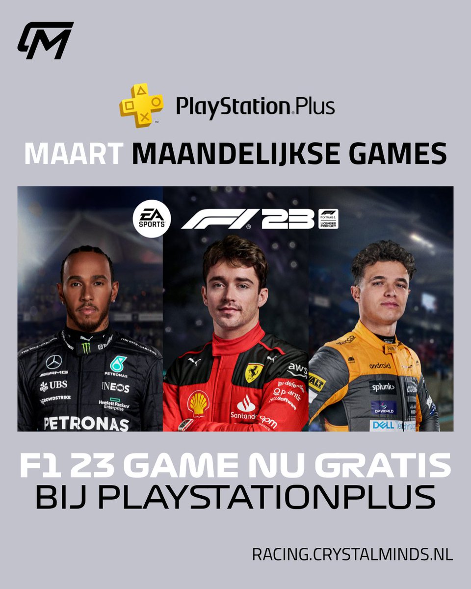 Download nu gratis de F1 23 game met een Playstation Plus abonnement. Probeer het uit en vind gelijkgestemde bij CrystalMinds Racing Community op Discord (racing.crystalminds.nl) #F123 #F1Game #PlayStation #NLRacing #CrystalMindsRacing #PlayStationPlus #F1