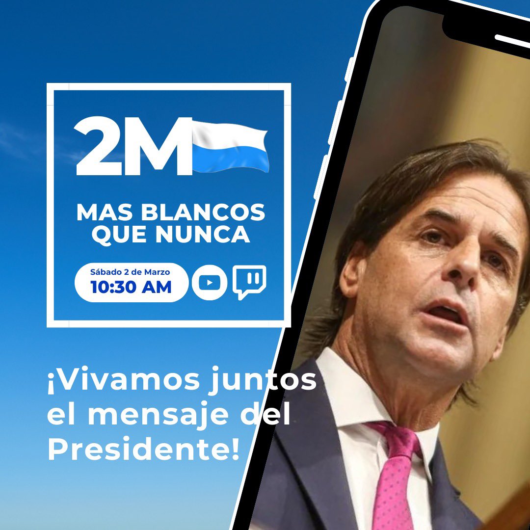 #2M #MásBlancosQueNunca
¡ Vivamos juntos el mensaje del Presidente en todas las departamentales del país !

📆 Sábado 2 de marzo
🕗 A partir de las 10.30 hs.
Participá del streaming por Twitch ( twitch.tv/partidonaciona…) y Youtube ( youtube.com/@PartidoNacion…)