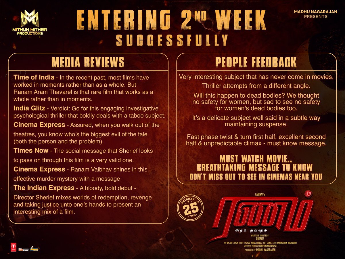 MMProductions22's tweet photo. #RanamAramThavarel #Vaibhav25
Entering 2nd week successfully in theatres with steady ticket bookings 🙌🫶
 
Getting overwhelming reviews 🙌💯

@actor_vaibhav @Nanditasweta @TanyaHope_offl @Sarasmenon @MMProductions22 @SheriefDirector @DOP_BKR @WarriorUKB @prosathish #TSeries https://t.co/pnnxETTQmZ