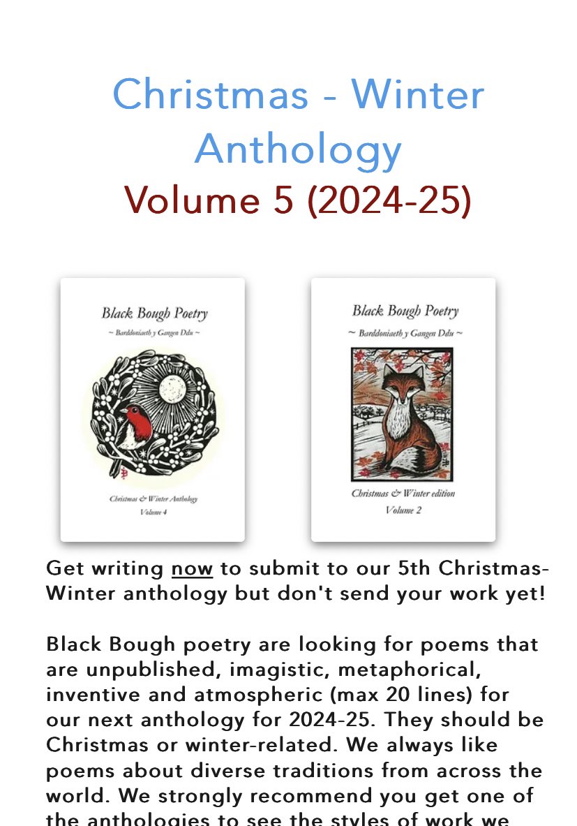 Our submission window is open for the next month for Christmas/ winter poems!! Read the submission guidance super carefully! ❄️ 🛎️ 🦌 🔥 blackboughpoetry.com/submissions-20…