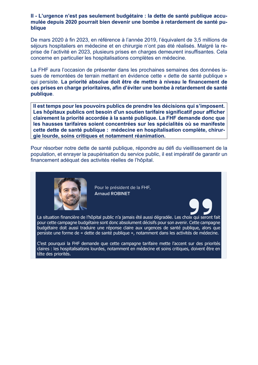 #Communiqué | 🚨Campagne tarifaire 2024 : alors que la situation financière des hôpitaux publics est plus dégradée que jamais, les tarifs d'hospitalisations doivent être revus pour répondre aux priorités de #santé publique auxquelles les #hopitauxpublics répondent.