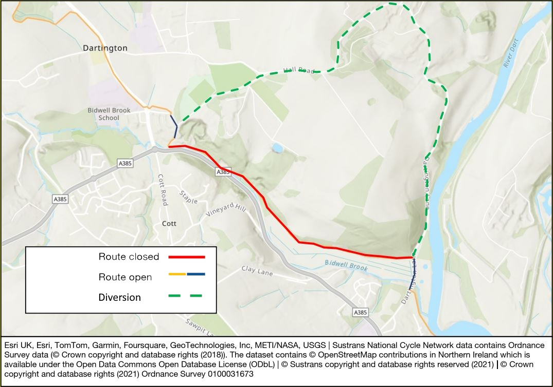 🚫Route closure🚫 A stretch of #NationalCycleNetwork Route 2 near #Dartingon will close for tree works between Monday 18 and Saturday 23 March, from 8am and 5.30pm. Please follow the alternative route during these times.