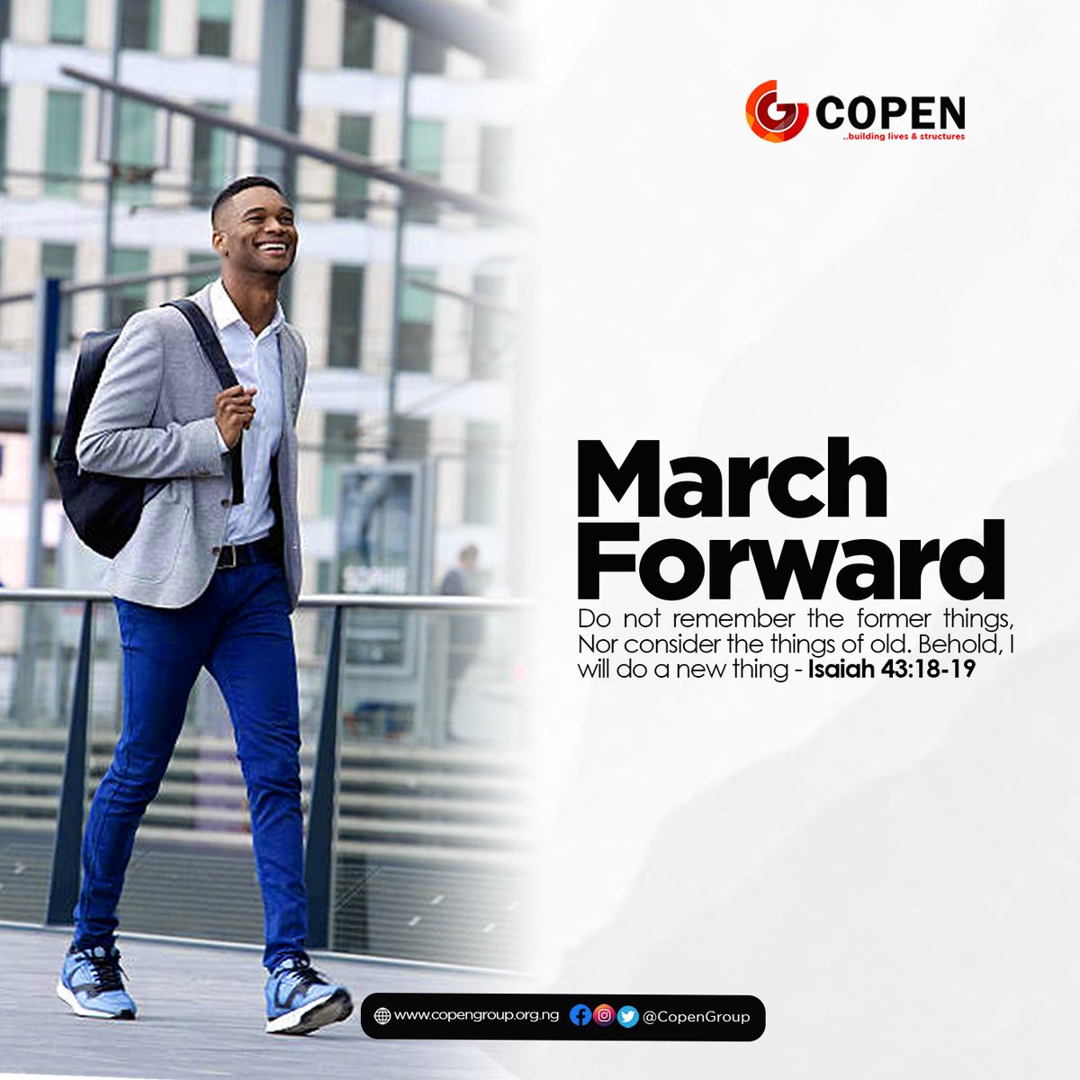 CopenGroup's tweet photo. Do not remember the former things, Nor consider the things of old. Behold, I will do a new thing - Isaiah 43:18-19
MARCH FORWARD!
COPEN: Building #Lives and #Structures
#CopenGroup #Copen #NewMonth https://t.co/opdvoVB9um