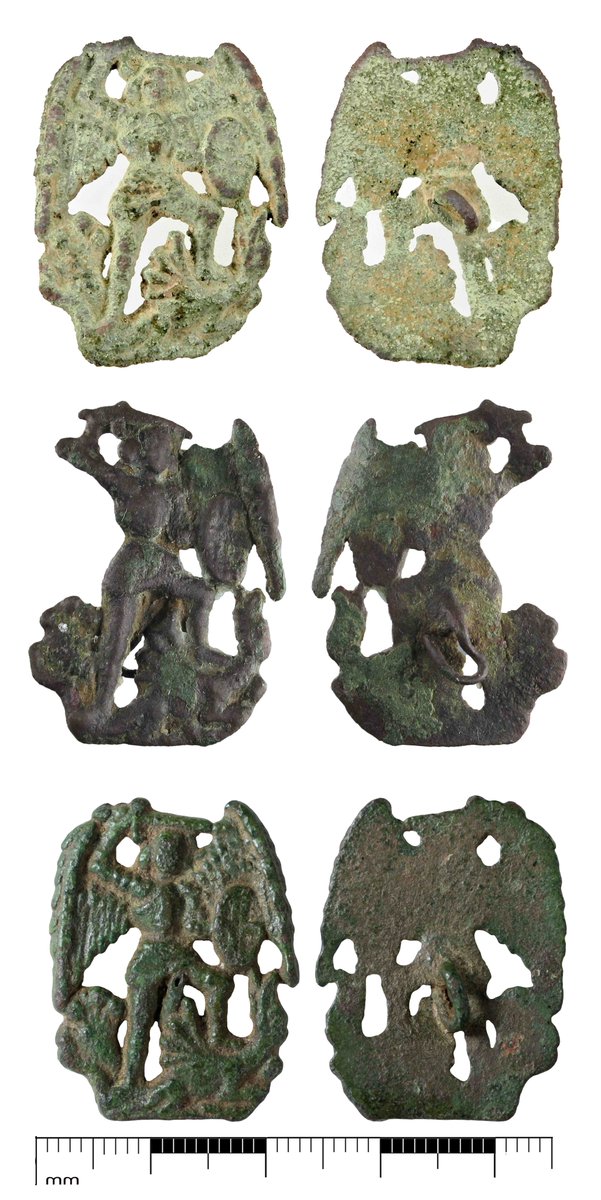 Three @findsorguk late medieval Michael Archangel badges to go with the @CotswoldArch one from Tewkesbury (below), plus one each @britishmuseum, and Worms Museum. Fascinatingly, the middle one seems to have been carefully 'converted', probably to St George. #FindsFriday #MedRit