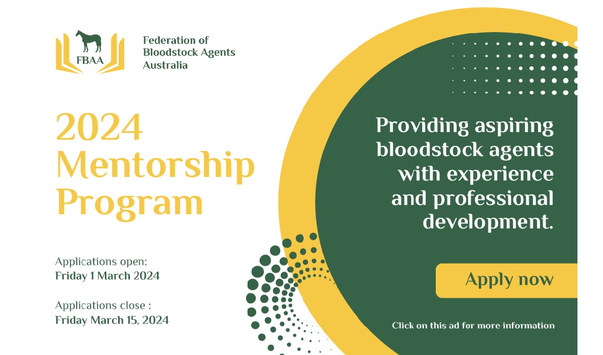 ANZ Bloodstock (@anz_news) on Twitter photo 👉️ 2024 MENTORSHIP PROGRAM 👈️
Applications open from Friday 1 March 2024 🗒️
<a href="/FBAA_agents/">Federation of Bloodstock Agents Australia</a> 👉️ 2024 MENTORSHIP PROGRAM 👈️
Applications open from Friday 1 March 2024 🗒️
<a href="/FBAA_agents/">Federation of Bloodstock Agents Australia</a>