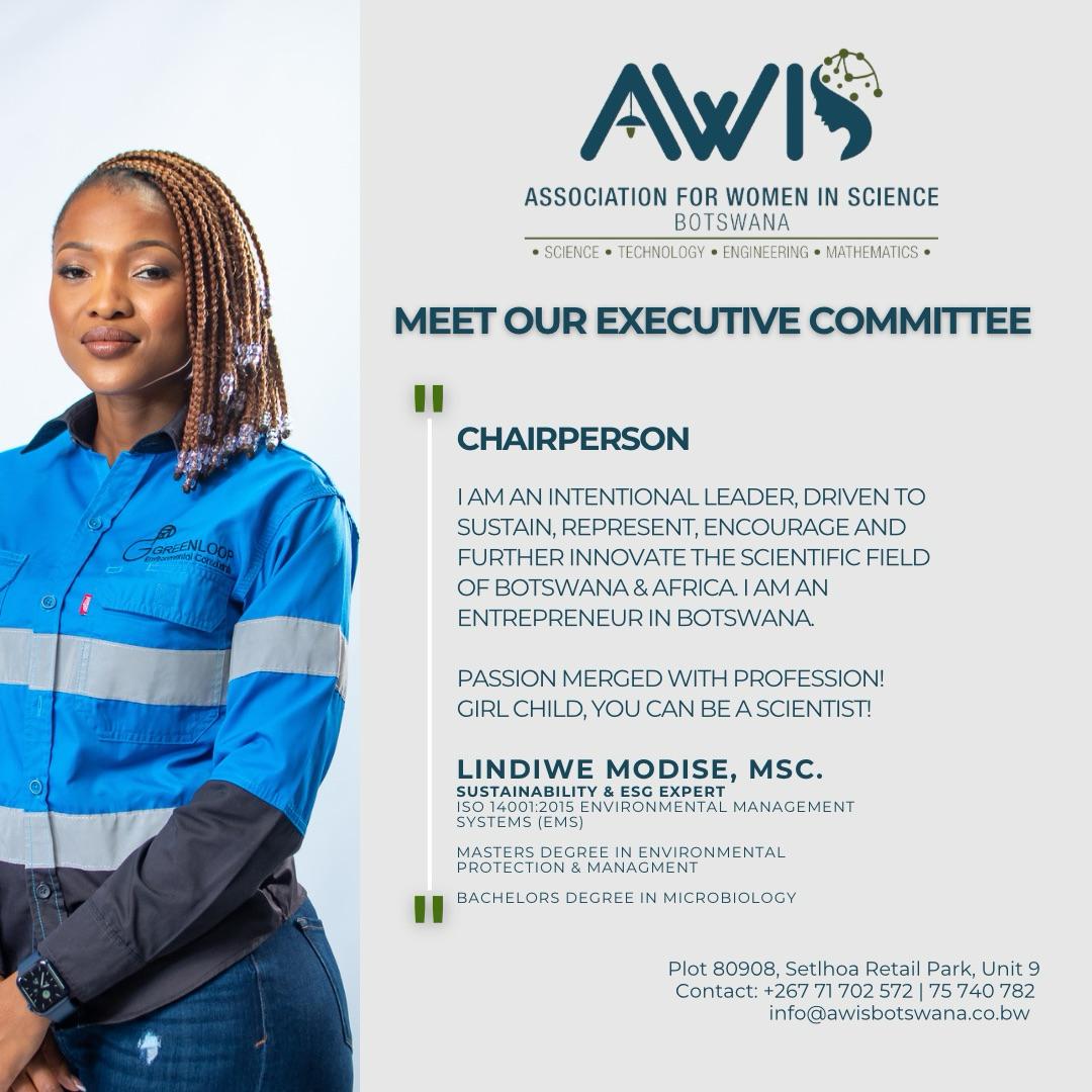 AwisBw27165's tweet photo. Introducing the Executive Committee of AWIS-BW🇧🇼🍃

Lindiwe J. N. Modise, Chairperson of AWIS-BW is a Sustainability and ESG Expert and an inspiration for women and girl in science in Botswana.

#leadership #launch #AwisBw #stem #sustainability #unitednations #sdg5 #sdg17 #sdg13 https://t.co/rJtTOoTy9M