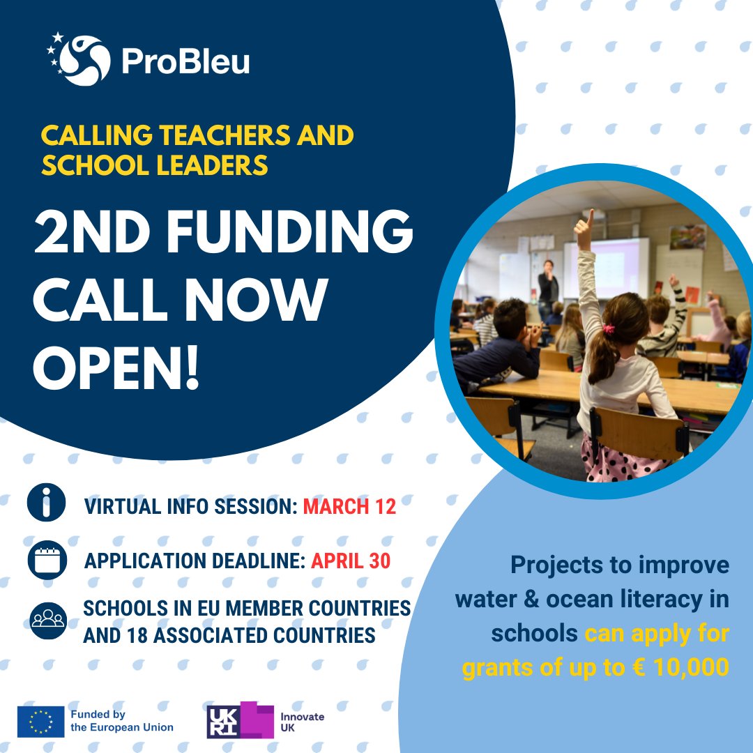 🌊 Exciting news! Our 2nd FUNDING CALL IS NOW OPEN! Calling all educators and schools to dive into #WaterLiteracy and sustainability projects: Apply now for grants up to €10,000!📷 probleu.school/probleu-fundin…… #ProBleu #Education #Funding #EUteachers #scienceteacher